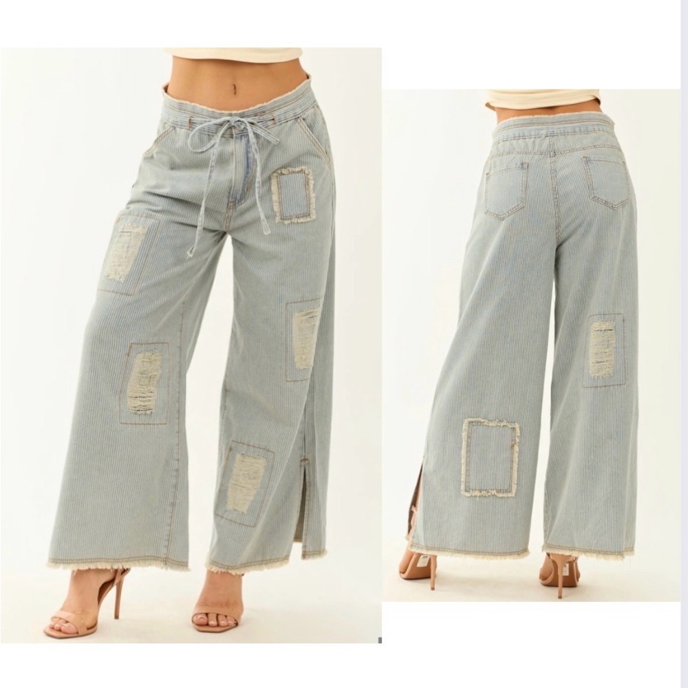 POL Railroad Stripe Wide Patchwork Pants, Powder Blue, Size Large